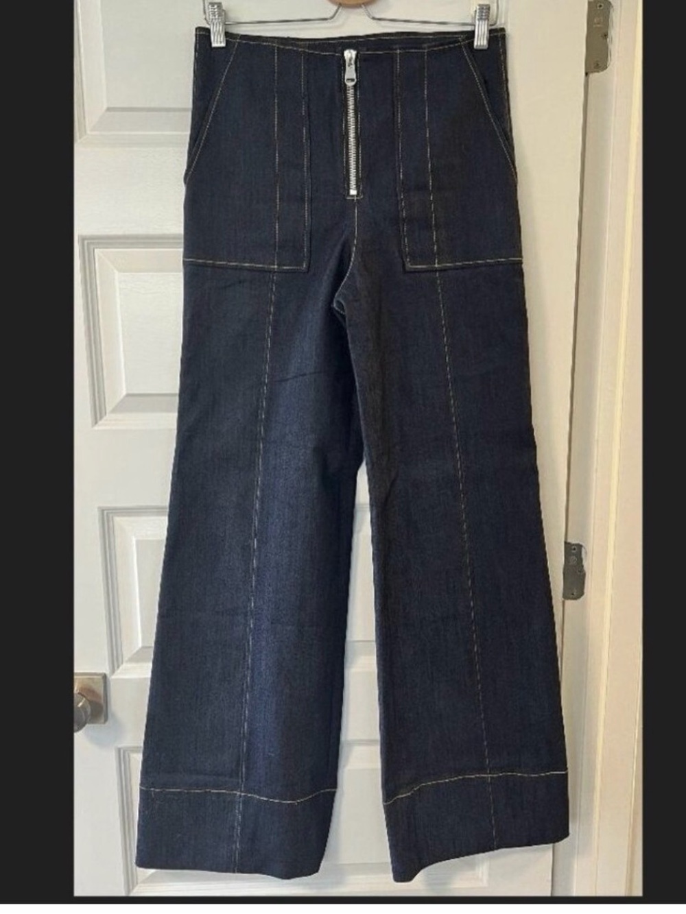 cinq a sept Dark Indigo Wide-Leg High-Rise Jeans with Contrast Stitching